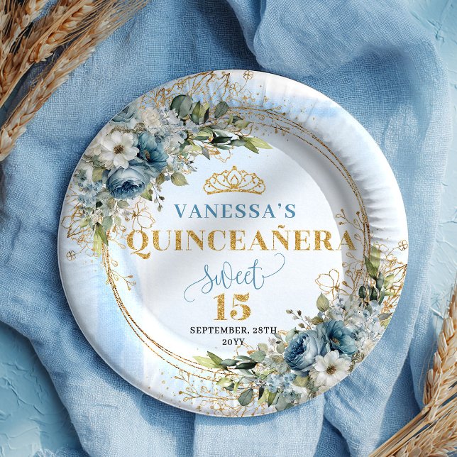 Watercolor Light Blue Flowers Gold Quinceañera  Pappteller (Watercolor Light Blue Flowers Gold Quinceañera Plates)