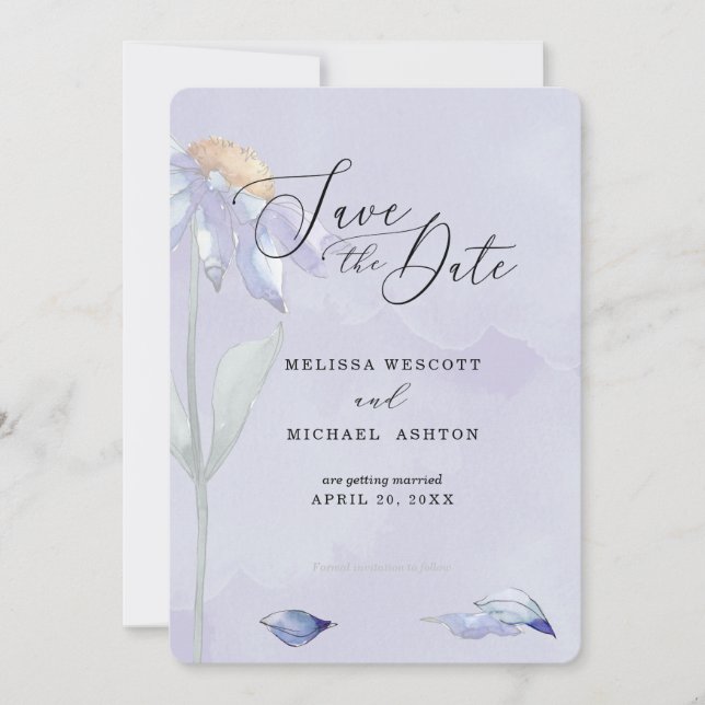 Watercolor Lila Blue Daisy Lavender Wedding Save The Date (Vorderseite)