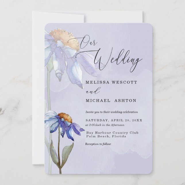 Watercolor Lila Blue Gerbera Daisy Wedding Einladung (Vorderseite)