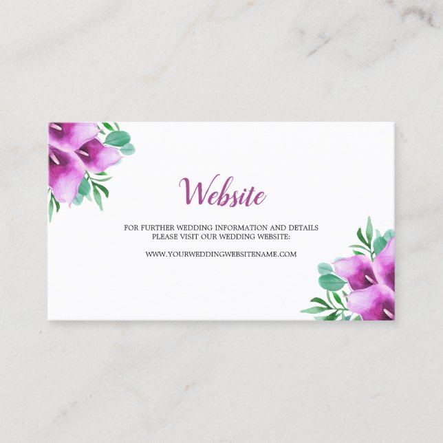 Watercolor Lila Calla Lily Wedding Website Card Visitenkarte (Vorderseite)