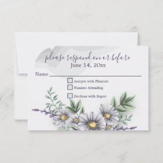 Watercolor Lila Daisy Wedding RSVP Karte