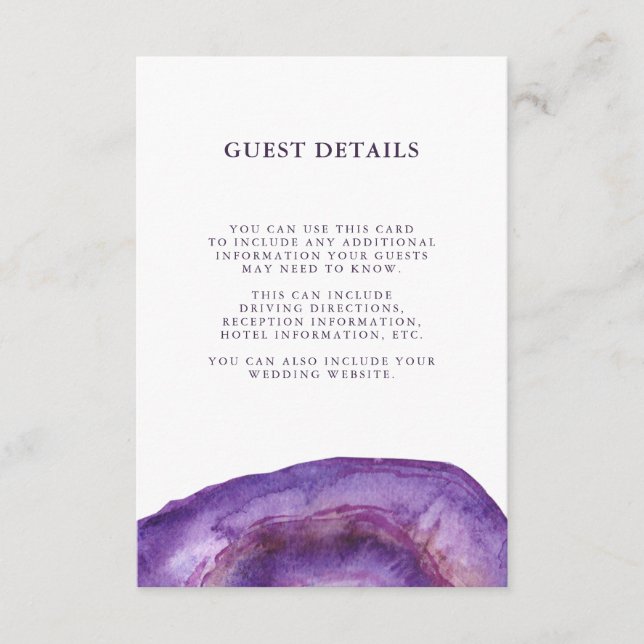 Watercolor Lila Geode Wedding Guest Information Begleitkarte (Vorderseite)