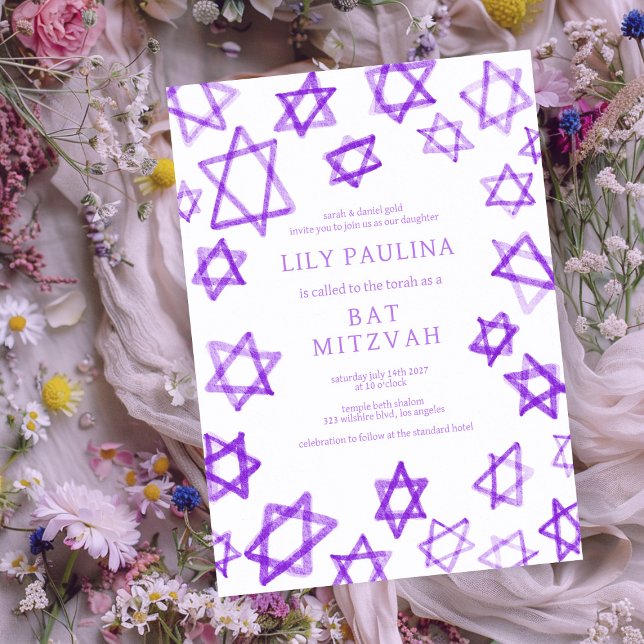 Watercolor Lila Star von David Bar Bat Mitzvah Einladung (Watercolor Purple Star of David Bar Bat Mitzvah Custom Colorful Fun Modern Invitation
)