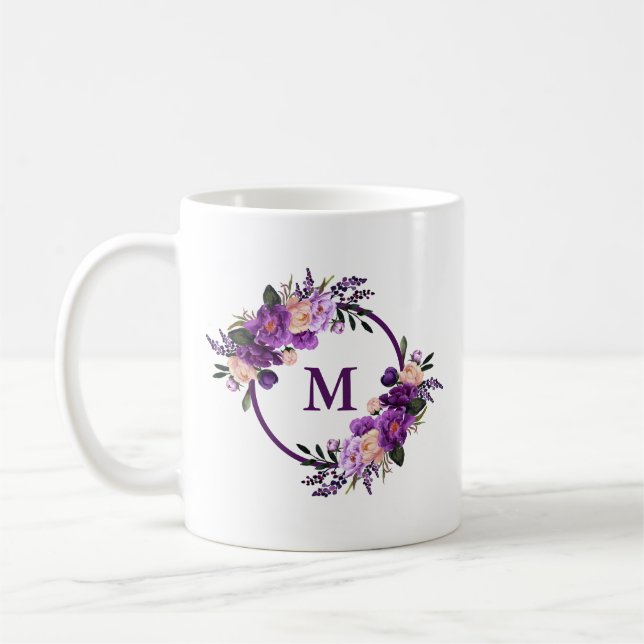Watercolor-lila ultraviolettes Blumenmonogramm Kaffeetasse (Links)
