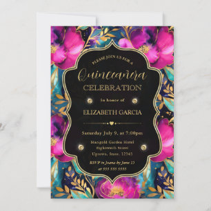 Watercolor Lila und Türkis Blumen Quinceanera Einladung