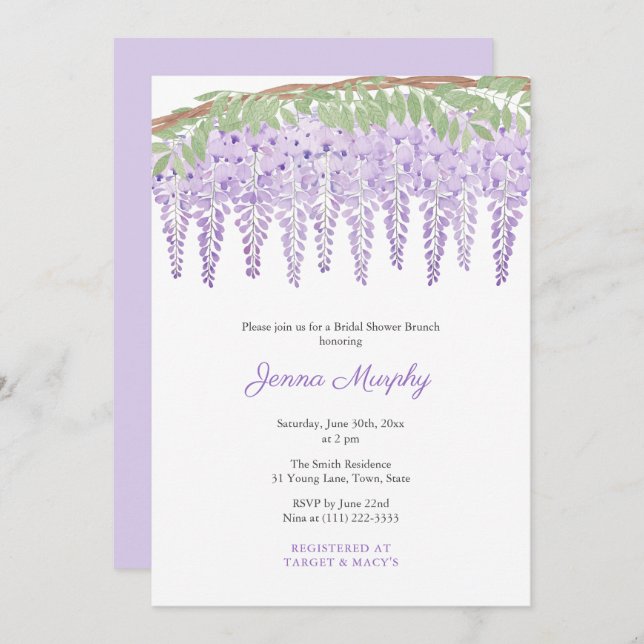 Watercolor Lila Wisteria Brautparty Party Einladung (Vorne/Hinten)