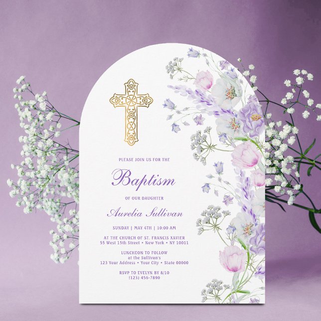 Watercolor Lilac Flowers Arch Baptism Einladung (Von Creator hochgeladen)