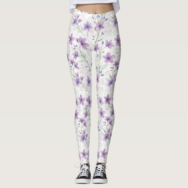 Watercolor Lilac Wildflower Pattern Leggings (Vorderseite)