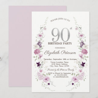 Watercolor Lilac Wildflowers 90th Birthday   Einladung