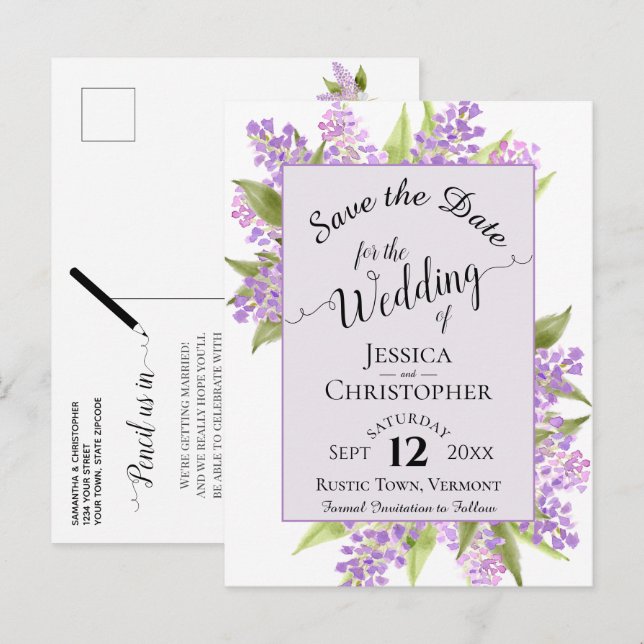 Watercolor Lilacs Wedding Save the Date Lavender Ankündigungspostkarte (Vorne/Hinten)