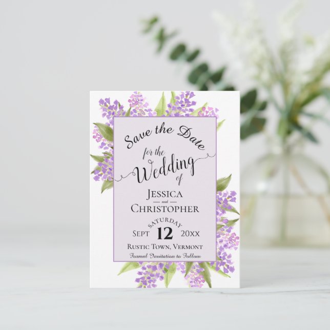 Watercolor Lilacs Wedding Save the Date Lavender Ankündigungspostkarte (Stehend Vorderseite)