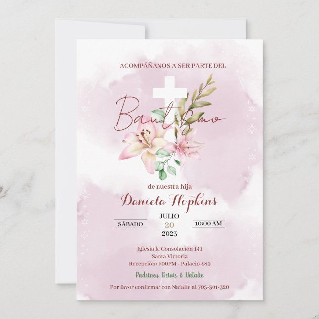 Watercolor lily baptism invitation einladung (Vorderseite)