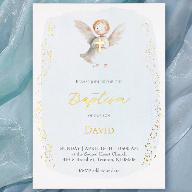 watercolor little angel Baptism baby boy Folieneinladung (Von Creator hochgeladen)