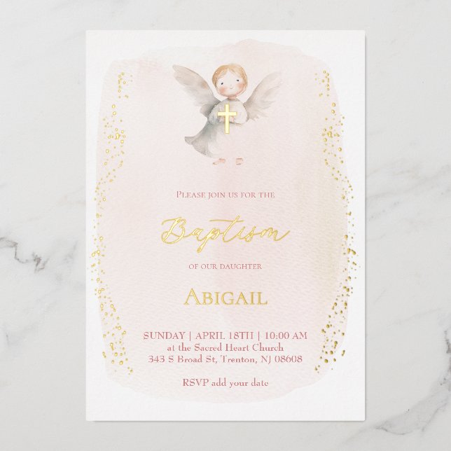 watercolor little angel Baptism baby girl Folieneinladung (Vorderseite)