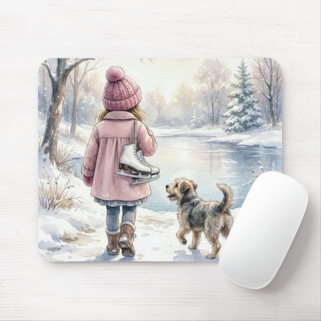 Watercolor Little Girl With Ice Skates and Dog Mousepad (Mit Mouse)