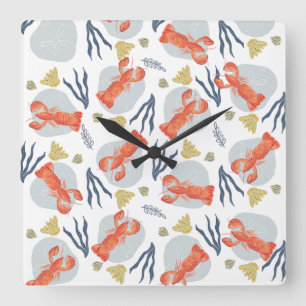 Watercolor Lobster Crustacean Beach Sand Dollars Quadratische Wanduhr
