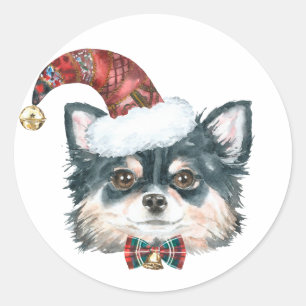Watercolor Long Haired Chihuahua Weihnachtsweihen Runder Aufkleber