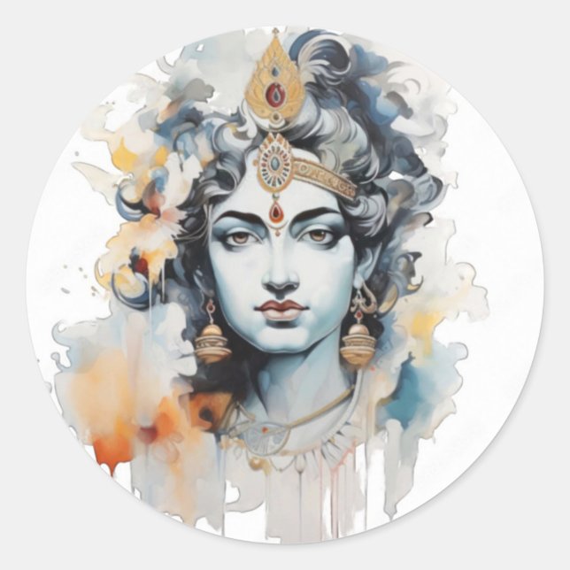 Watercolor Lord Krishna face Runder Aufkleber (Vorderseite)
