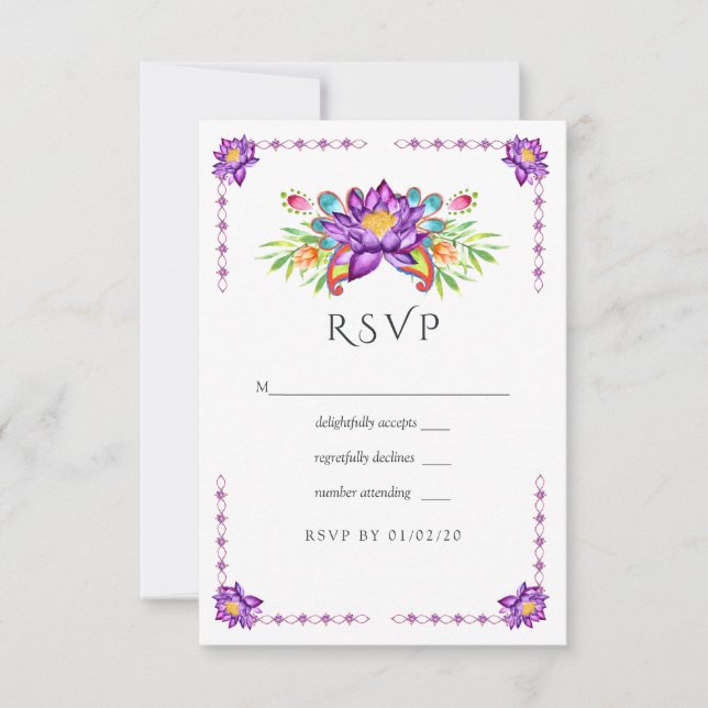 Watercolor Lotus Blume Indian Wedding RSVP Karte (Vorderseite)