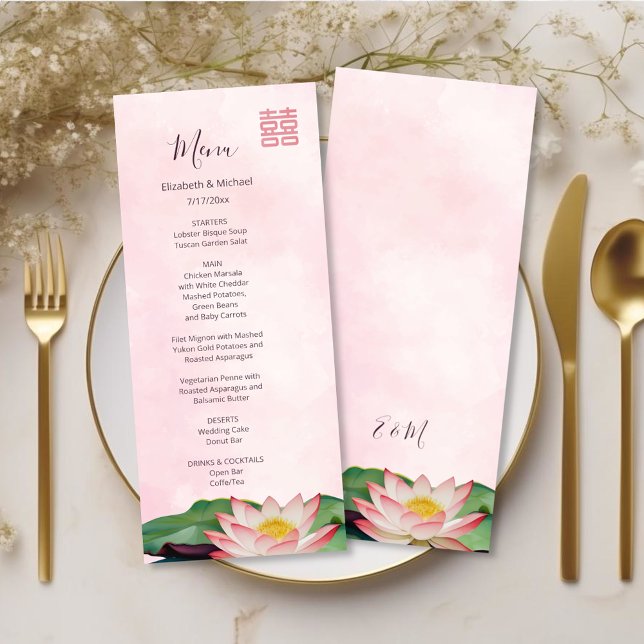 Watercolor Lotus Chinese Wedding Menu Card Menükarte (Von Creator hochgeladen)