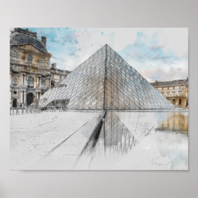Watercolor Louvre Paris Frankreich Poster | künstl (Vorne)