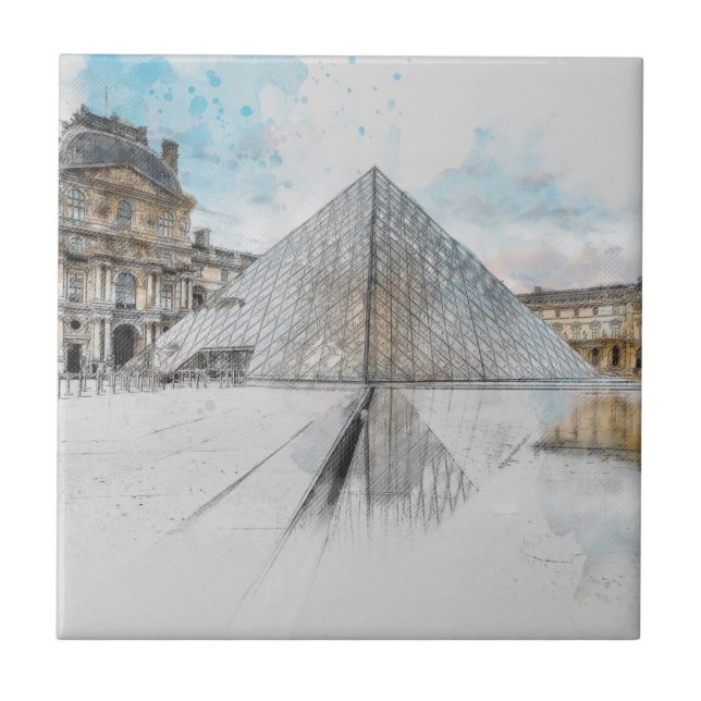 Watercolor Louvre Paris Keramik Tile Wall Deco Fliese (Vorderseite)