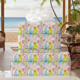 Watercolor Love Birds with Pink Flowers Geschenkpapier