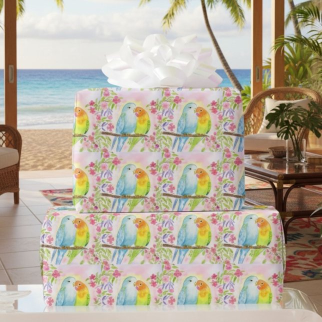 Watercolor Love Birds with Pink Flowers Geschenkpapier (Von Creator hochgeladen)