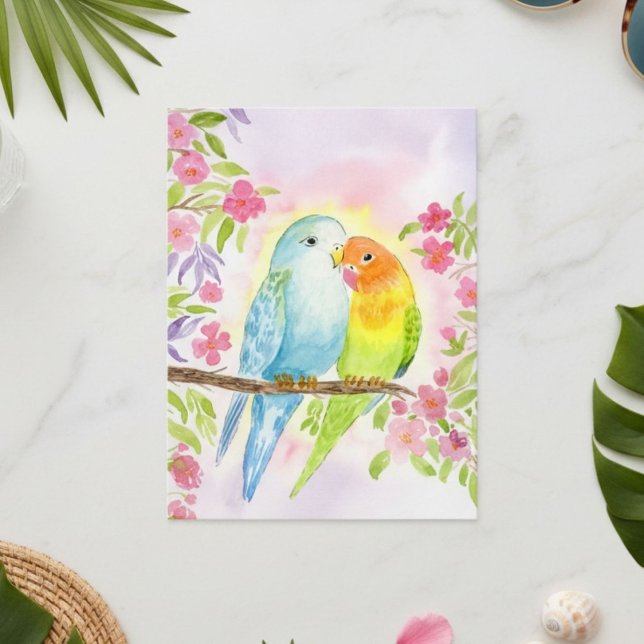 Watercolor Love Birds with Pink Flowers Postkarte (Von Creator hochgeladen)