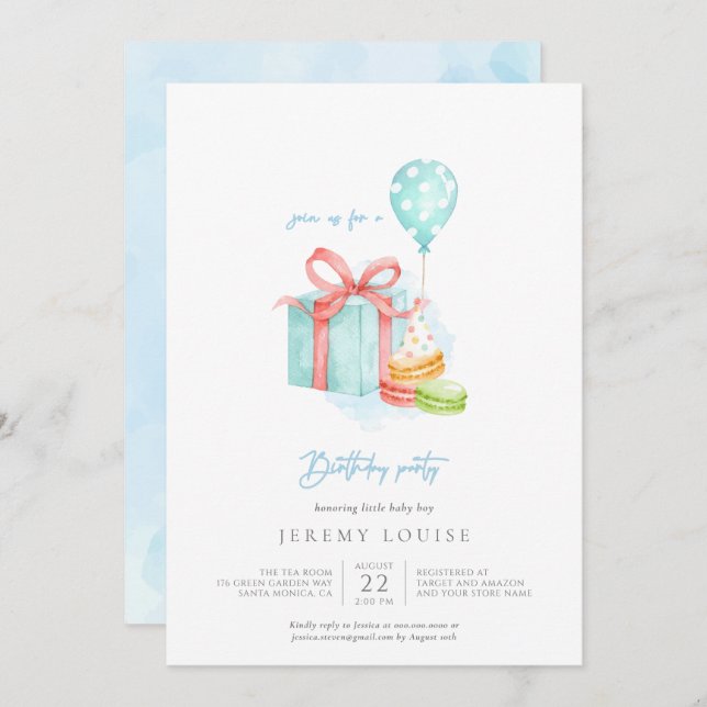 Watercolor Macaroons Baby Boy Birthday Party Invit Einladung (Vorne/Hinten)