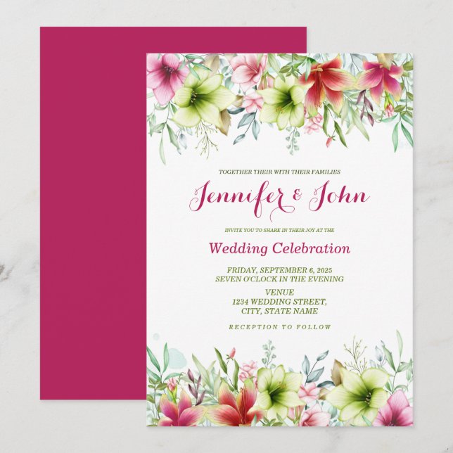 Watercolor Magenta Red Amaryllis Floral Wedding Einladung (Vorne/Hinten)