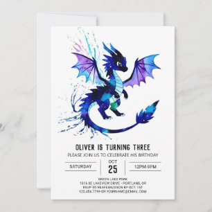 Watercolor Magical Dragon Digital Boy Geburtstag Einladung