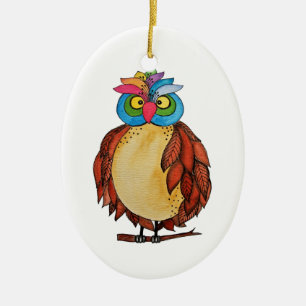 Watercolor Magical Owl mit Regenbogenfedern Keramik Ornament