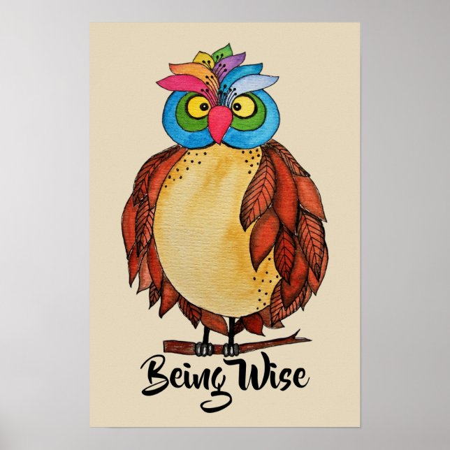 Watercolor Magical Owl mit Regenbogenfedern Poster (Vorne)