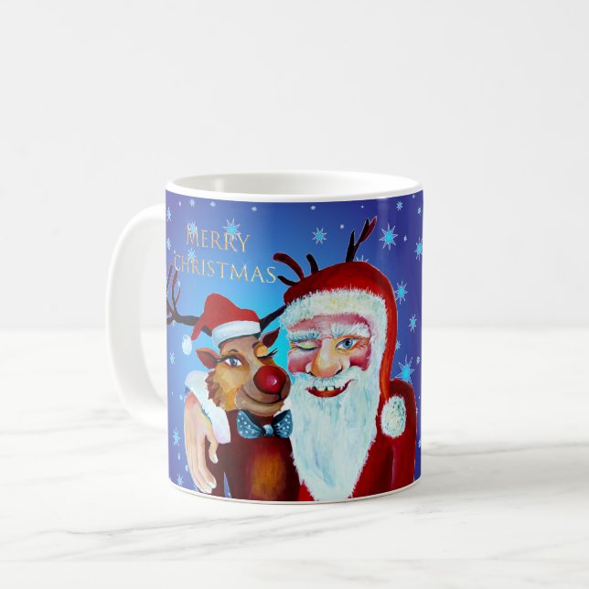Watercolor Magical Santa Claus Smiling Rudolph Kaffeetasse (Vorderseite Links)