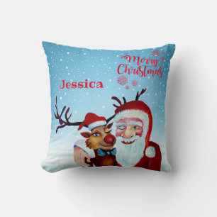 Watercolor Magical Santa Claus Smiling Rudolph Kissen