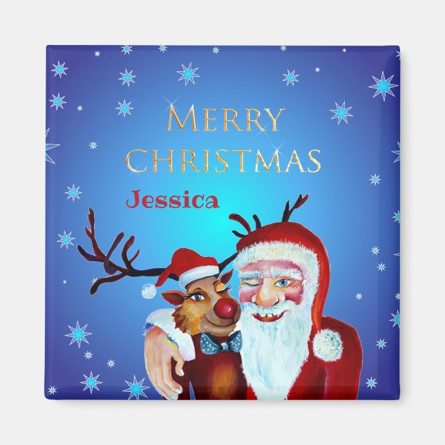 Watercolor Magical Santa Claus Smiling Rudolph Magnet (Vorne)
