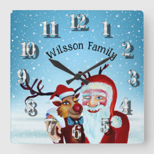Watercolor Magical Santa Claus Smiling Rudolph Quadratische Wanduhr