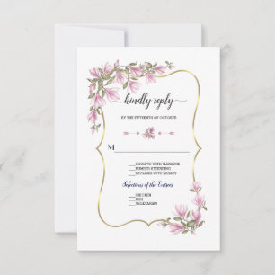 Watercolor Magnolia Blume Bloom Gold Wedding RSVP Karte