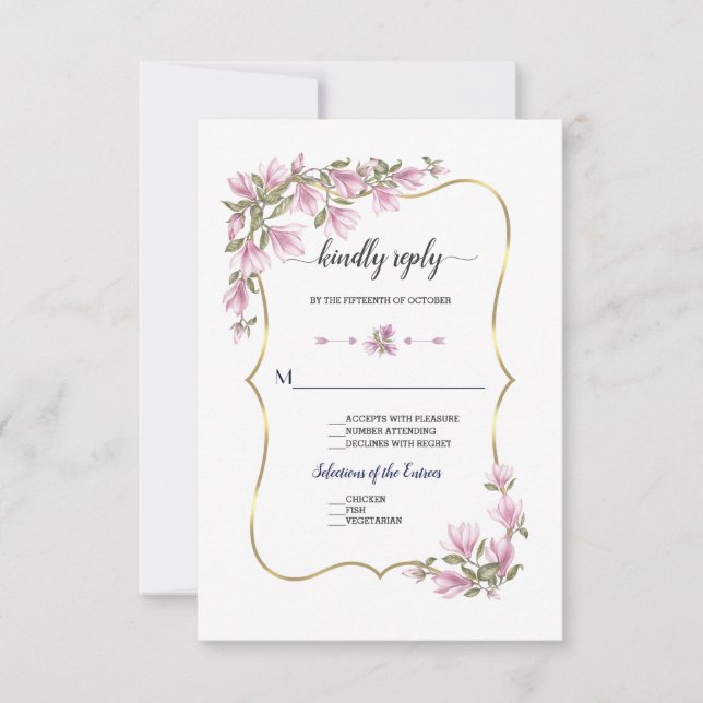 Watercolor Magnolia Blume Bloom Gold Wedding RSVP Karte (Vorderseite)
