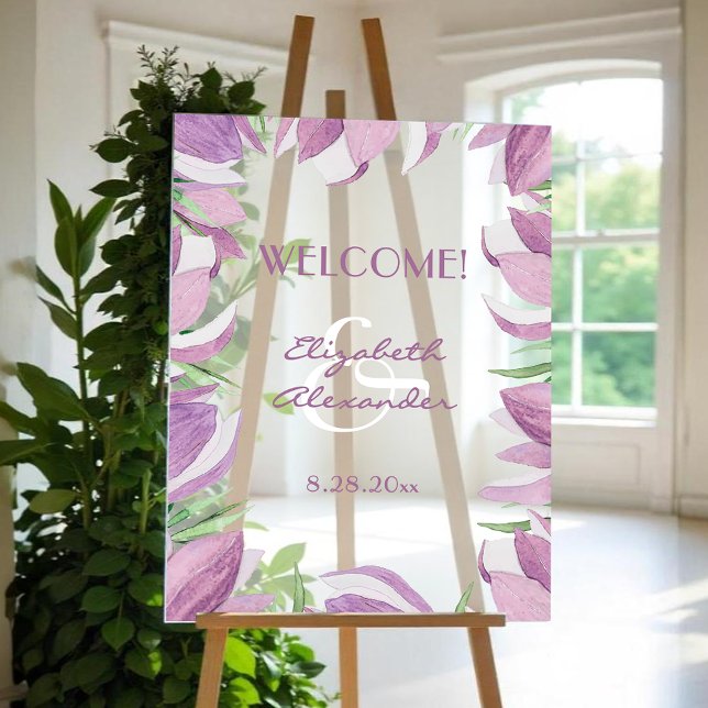 Watercolor Magnolia Blumenzwiese Willkommen Acrylschild (Watercolor magnolia flowers wedding welcome acrylic sign)
