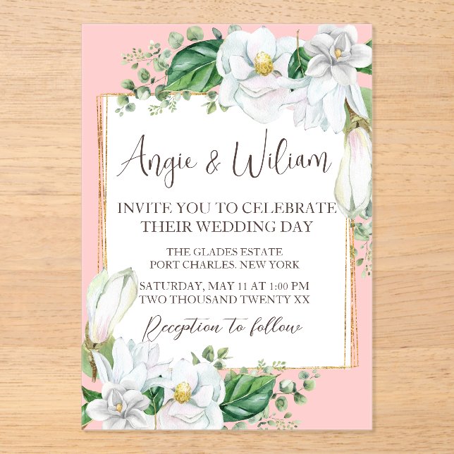 Watercolor Magnolia Blush Wedding Acryleinladungen (Vorderseite)