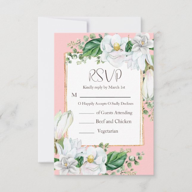 Watercolor Magnolia Blush Wedding RSVP Karte (Vorderseite)