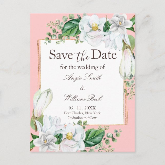 Watercolor Magnolia Blush Wedding Save the Date Postkarte (Vorderseite)