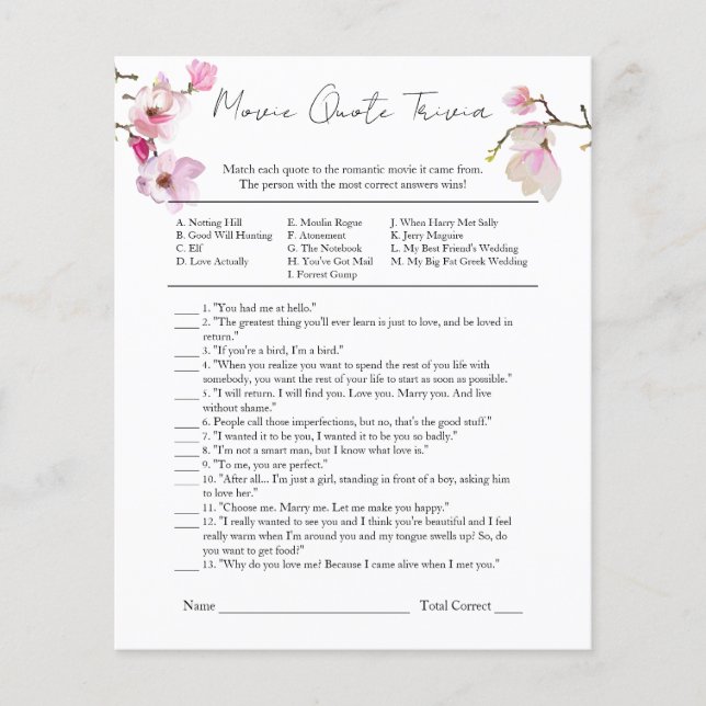 Watercolor Magnolia Brautparty Movie Quote Game Flyer (Vorne)