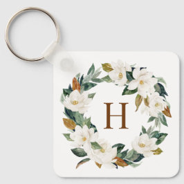 Watercolor Magnolia und Eualyptus Wreath Monogram Schlüsselanhänger