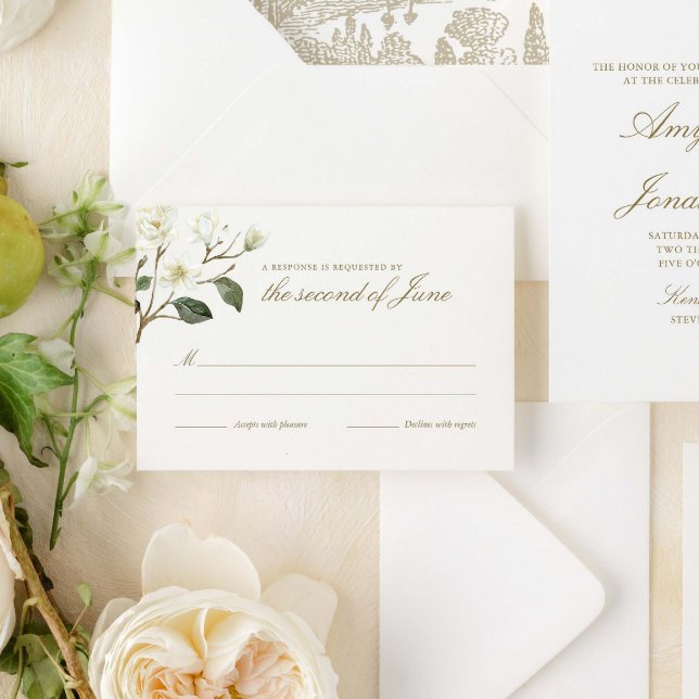 Watercolor Magnolia Wedding Wappen Response Card RSVP Karte (Von Creator hochgeladen)