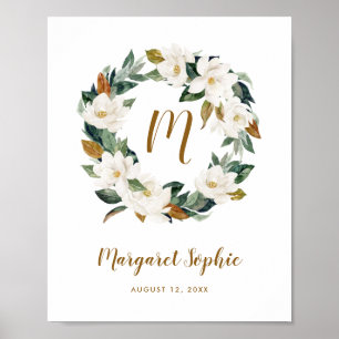Watercolor Magnolia Wreath Kinderzimmer Monogram Poster