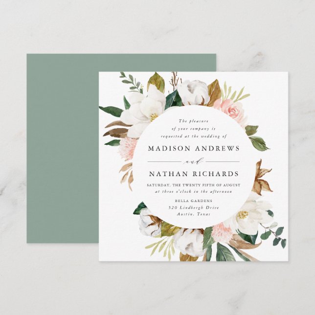 Watercolor Magnolias | Blumenhochzeit Einladung (Vorne/Hinten)