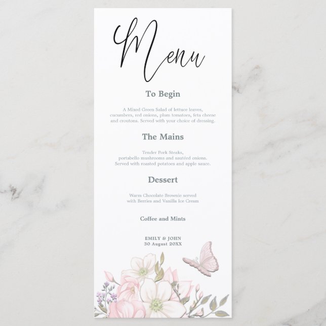 Watercolor Magnolias Butterfly Script Hochzeit Menükarte (Vorderseite)